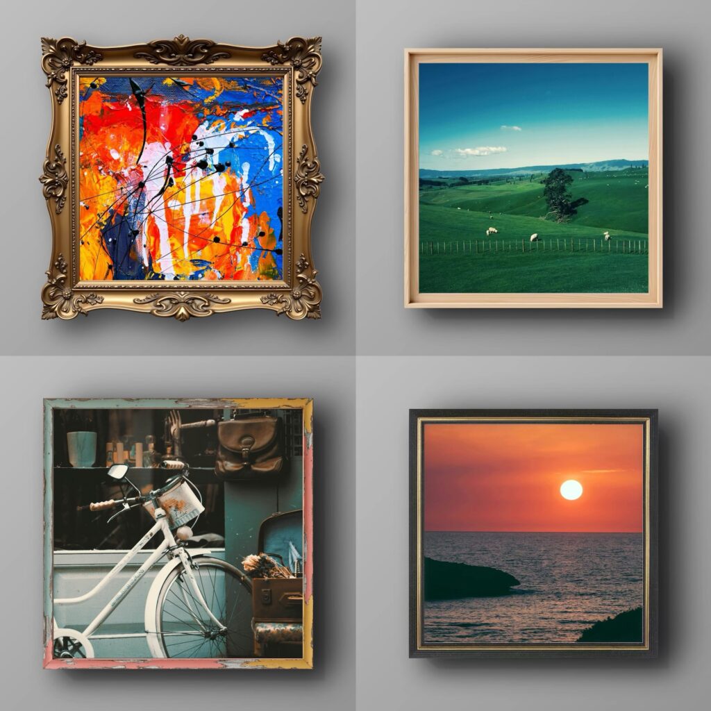Collage comparing different frame materials and styles, demonstrating how Wallartee transforms the same image with various framing effects