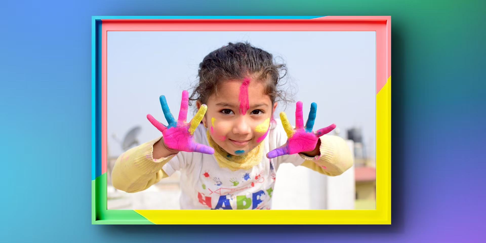Brightly colored picture frame highlighting a cheerful child portrait, showing how Wallartee frames enhance playful, vibrant kids’ photos