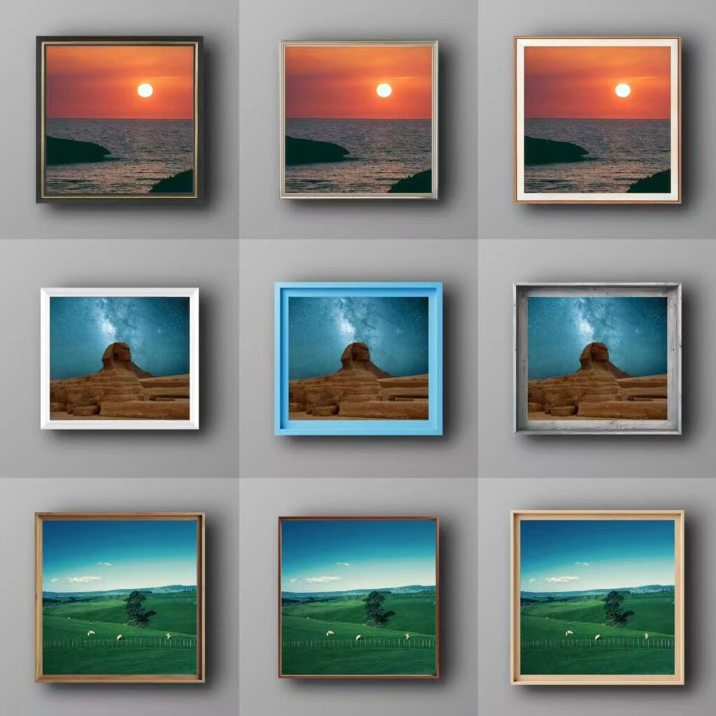 Collage comparing different frame materials and styles, demonstrating how Wallartee transforms the same image with various framing effects