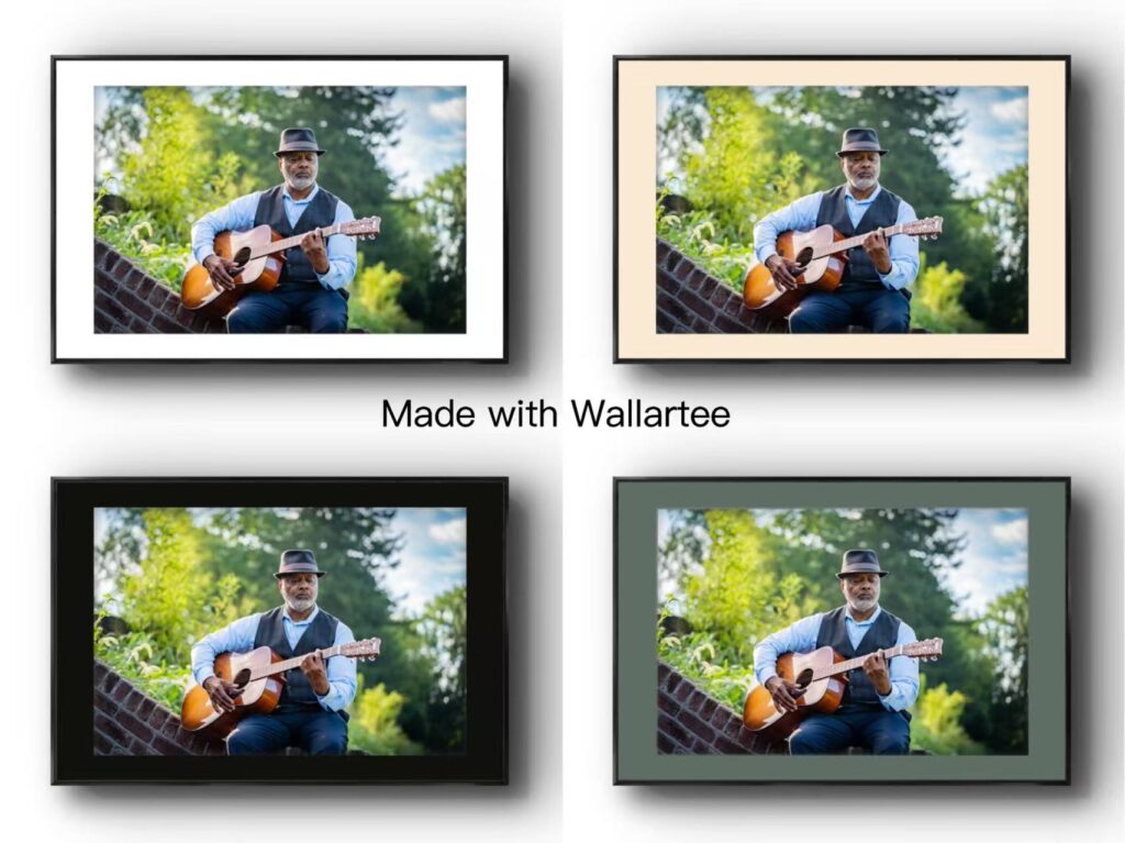 Collage showing how different mat colors influence the overall look of framed artwork, showcasing Wallartee’s customizable mat color options