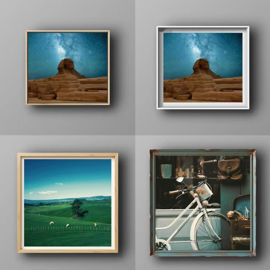 Same artwork displayed with different picture frames to show how Wallartee offers over 1000 unique frame styles for personalized wall art
