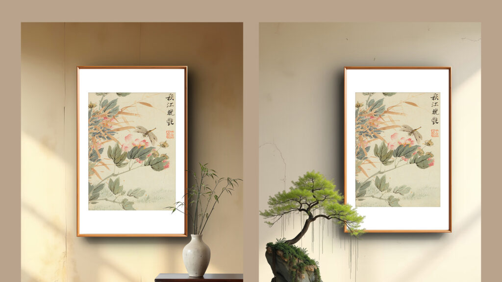 Framed artwork placed in different interior design styles, with frames layered behind objects to naturally blend and enhance the display using Wallartee